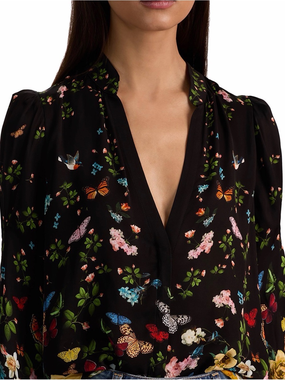 Alice + Olivia Helen Blouson Sleeve Blouse |Black Butterfly Floral Print |Size M - Picture 3 of 5